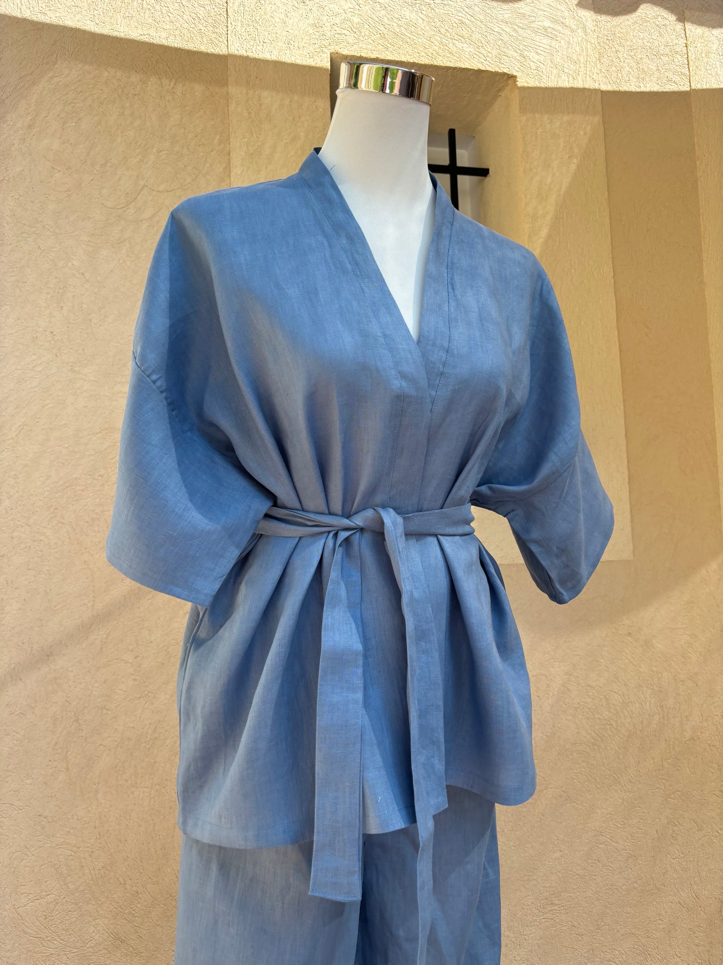 100% LINEN BLUE DENIM KIMONO SET