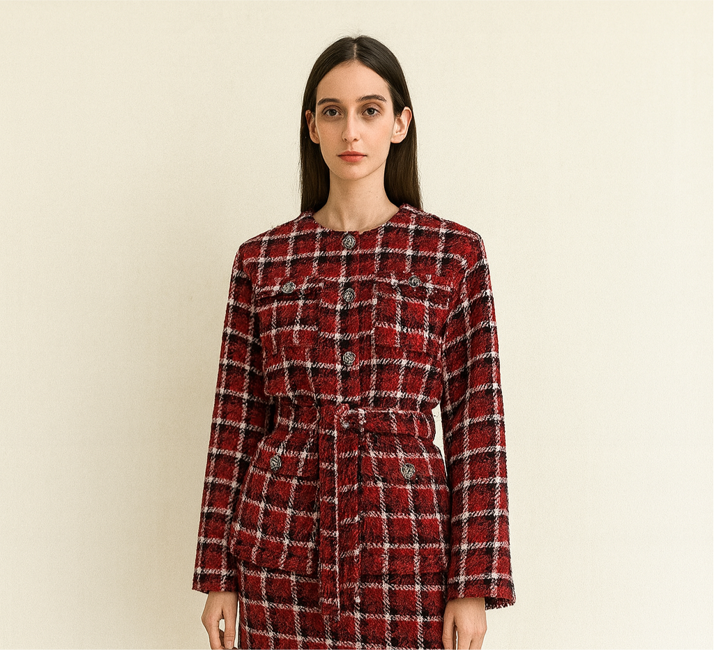 VESTE EN TWEED A CARREAUX ROUGE