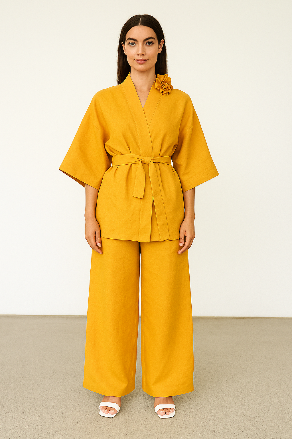 YELLOW KIMONO SET 100% LINEN