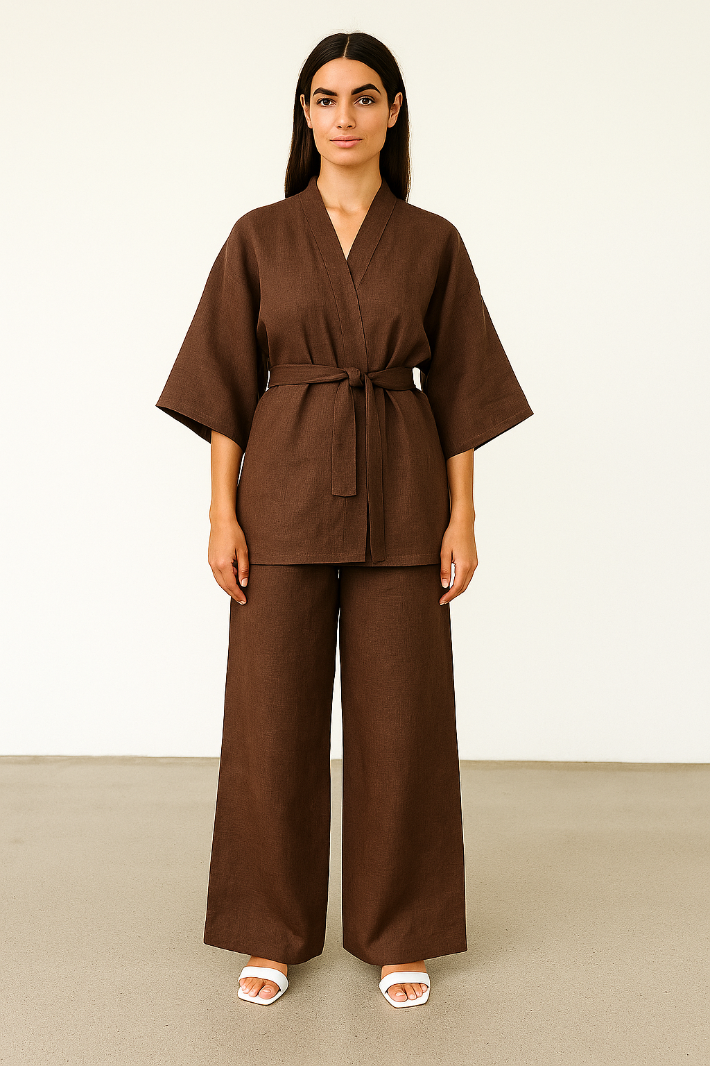 BROWN KIMONO SET 100% LINEN
