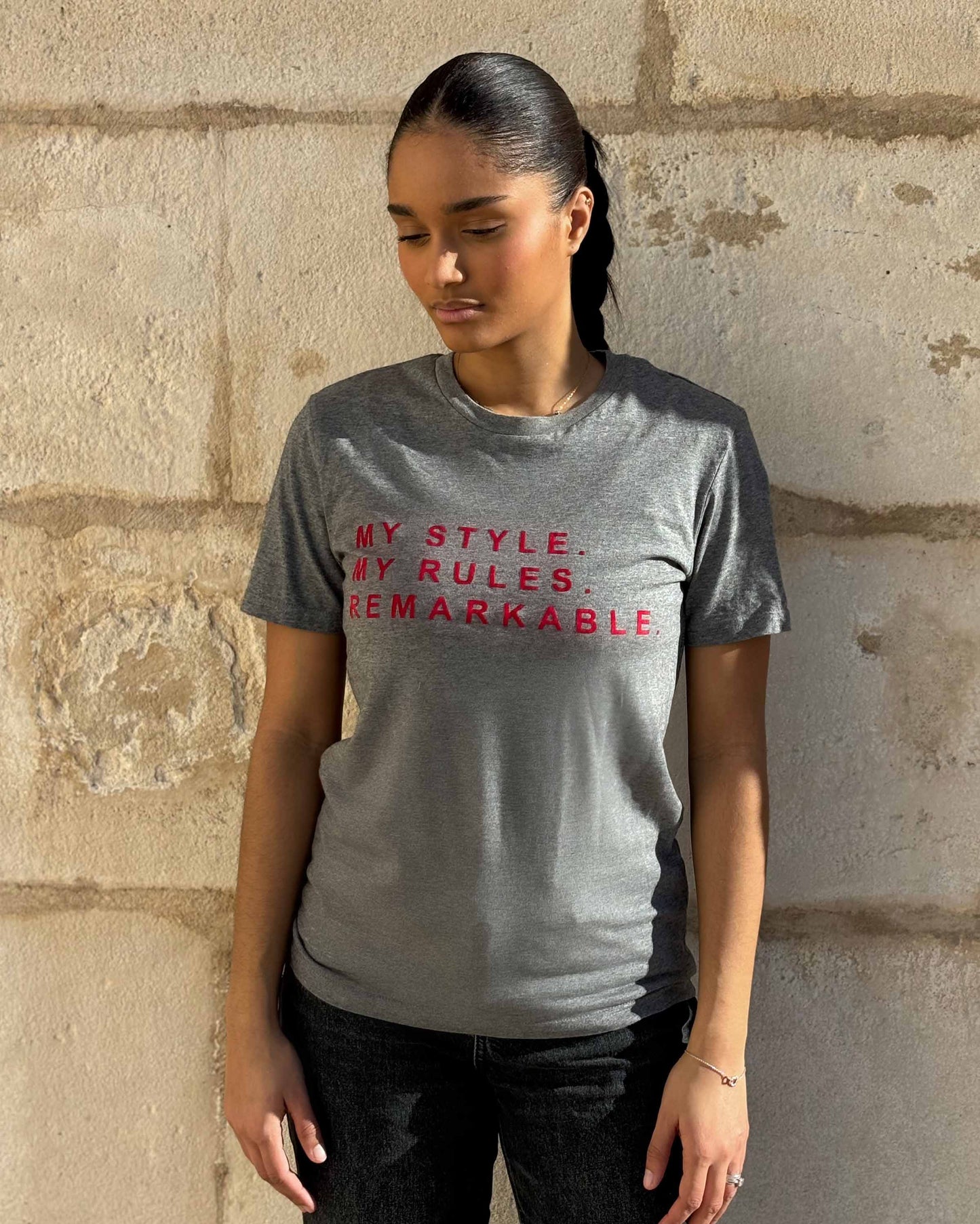 GREY AND RED ORGANIC COTTON T-SHIRT