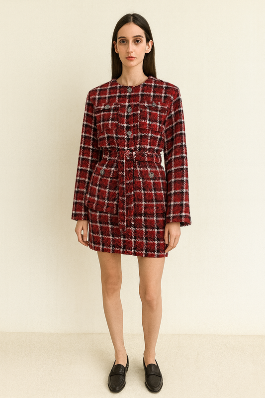 JUPE EN TWEED A CARREAU ROUGE