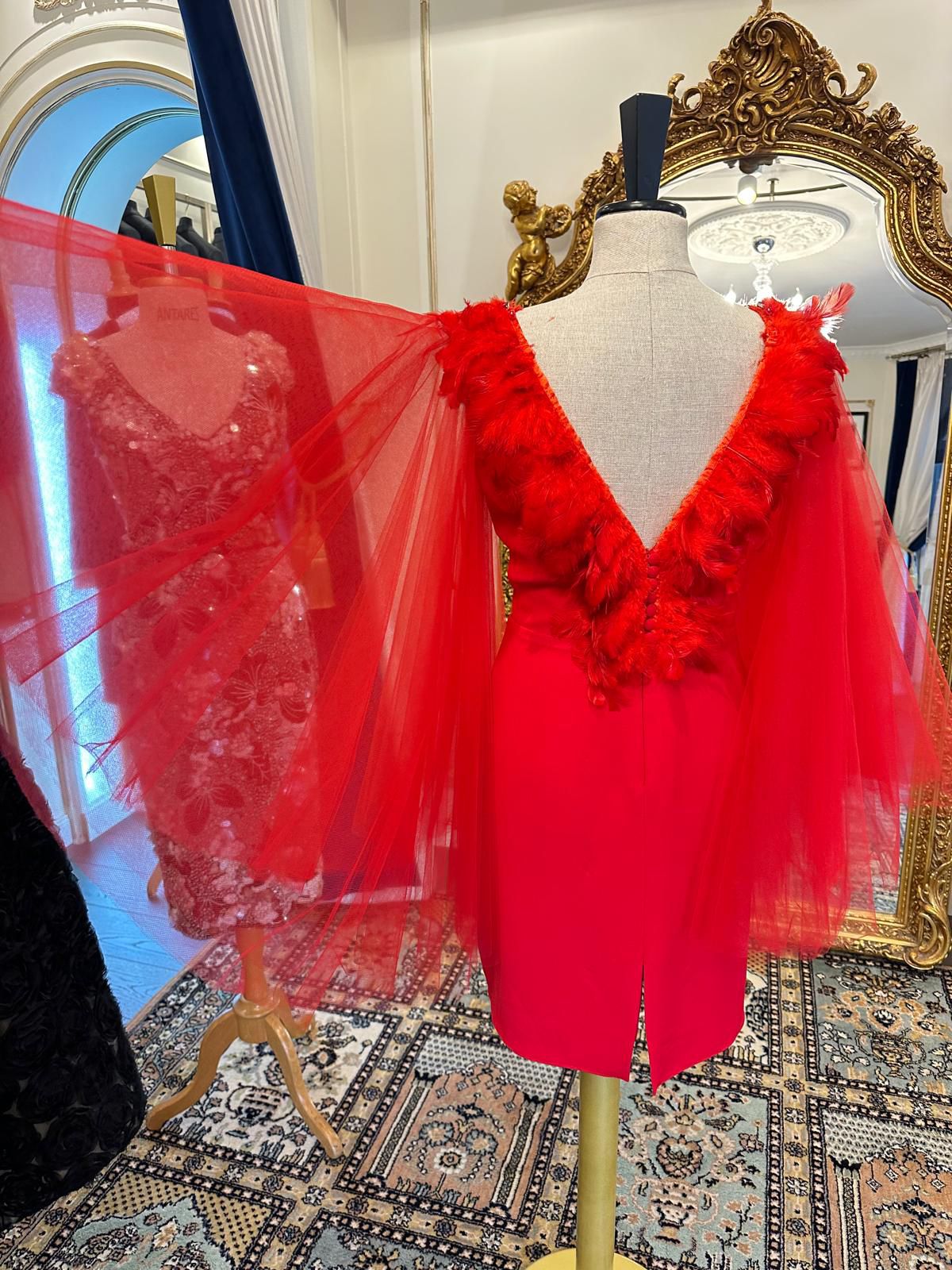 ROBE ROUGE DOS NU EN PLUME