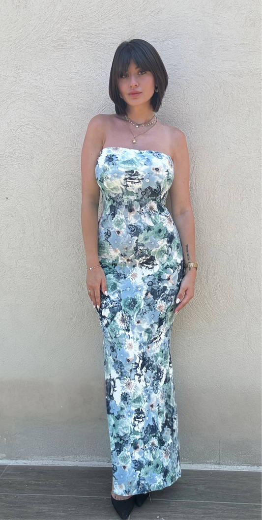 ROBE BUSTIER FLEUR BLEU