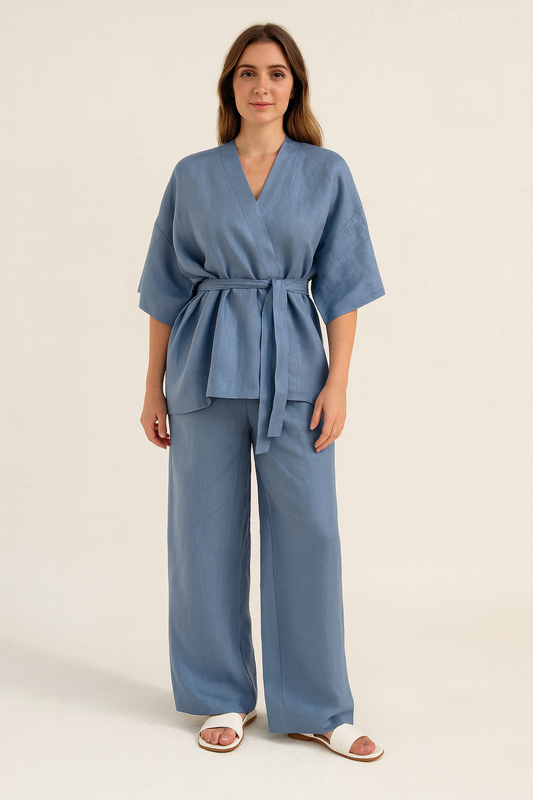 100% LINEN BLUE DENIM KIMONO SET