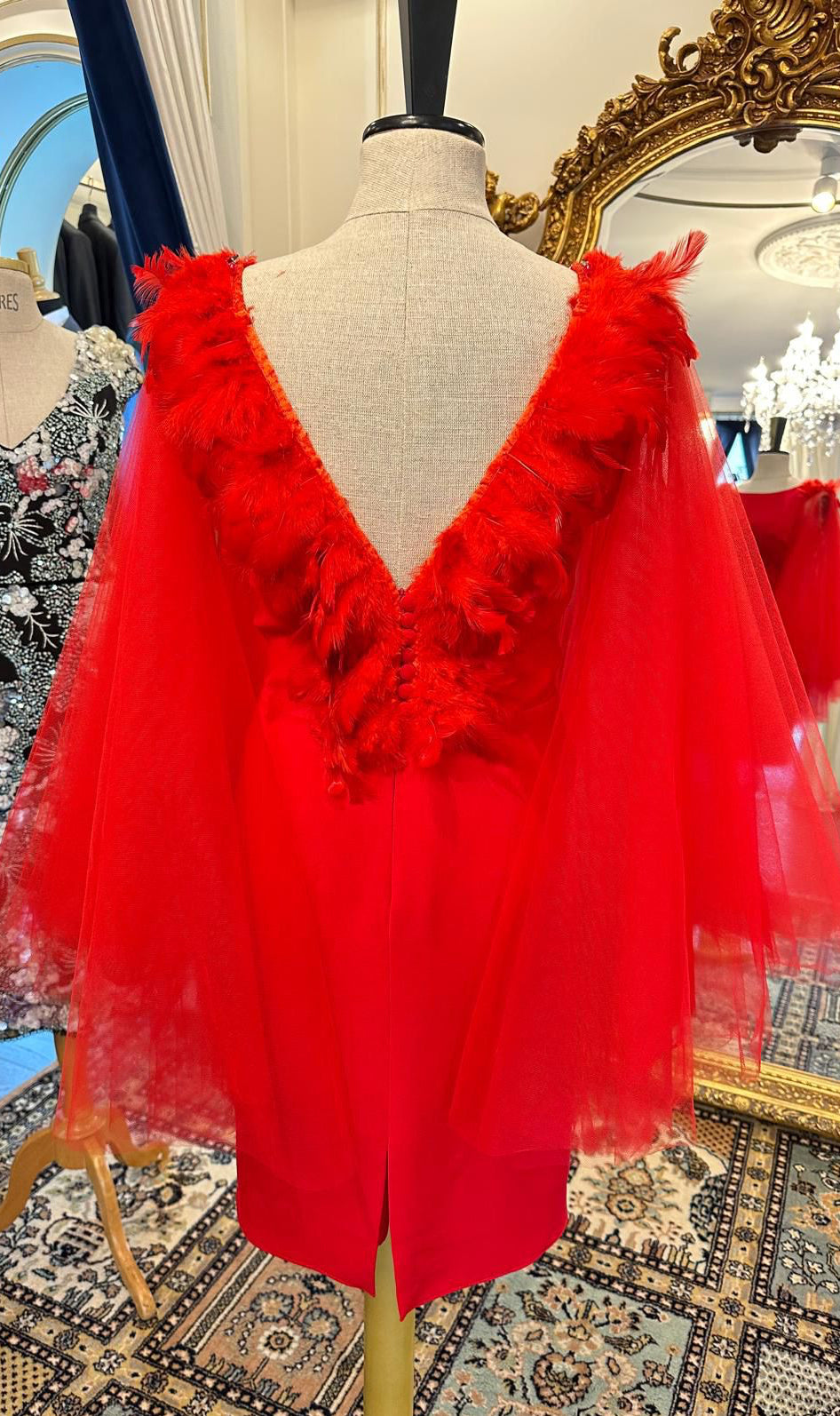 ROBE ROUGE DOS NU EN PLUME