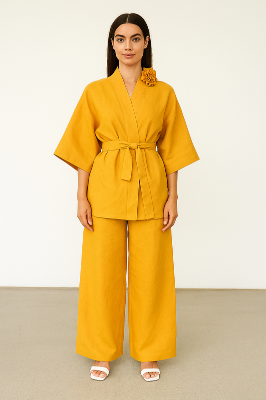 YELLOW KIMONO SET 100% LINEN