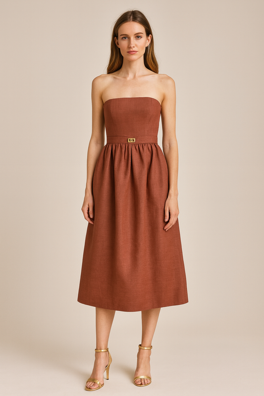 ROBE BUSTIER MARRON 100% LIN