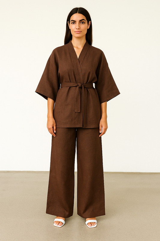 BROWN KIMONO SET 100% LINEN