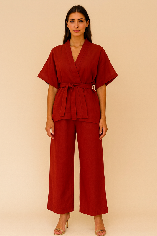 RED KIMONO SET 100% LINEN